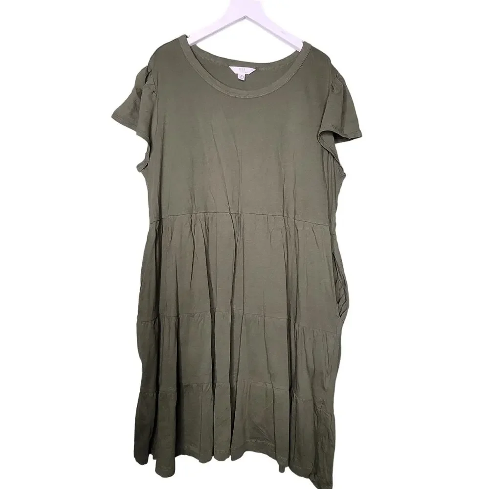 Time and Tru Babydoll Dress XL Olive Green Short Sleeve Tiered Cotton Pockets